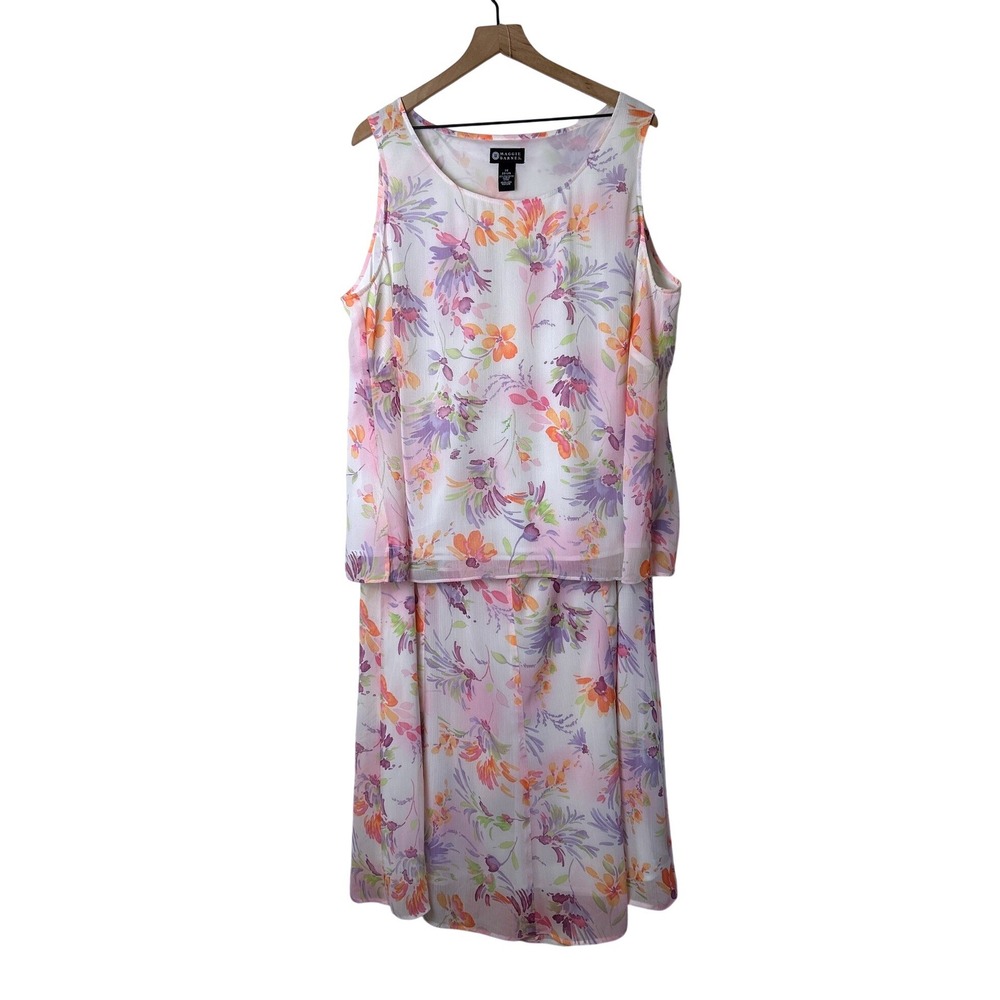 Maggie Barnes Womens Floral Chiffon 2 Piece Top Skirt Set Size 2X Pink Orange